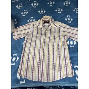 Diggs Vintage Short Sleeve Button Down Shirt Burgundy Yellow Stripe Size 16